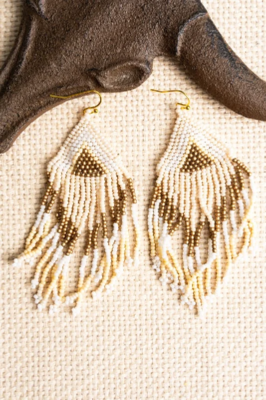 Push Back Drop Earrings for Convenience -SALE! Ivory Multi-Color Southwestern Seed Bead Triangle Fringe Earrings