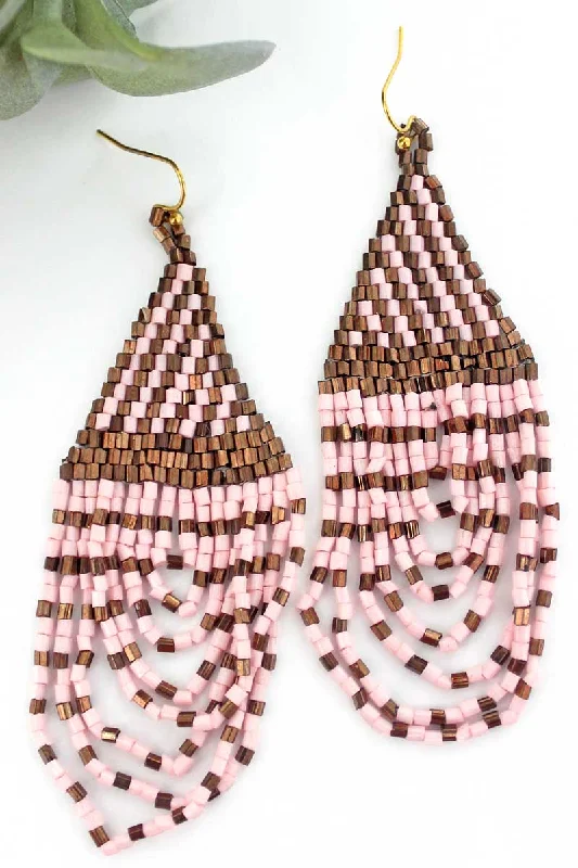 Drop Earrings with Polished Shine -SALE! Soarin' Pink Seed Bead Fringe Earrings