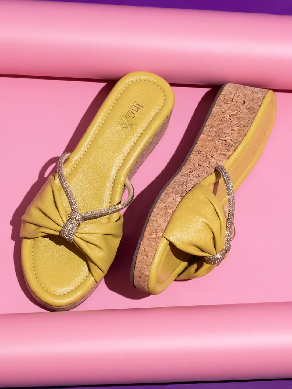 Outdoor sandals for women with cushioned footbed and adjustable straps for support-Women Yellow Textured Wedge Heels