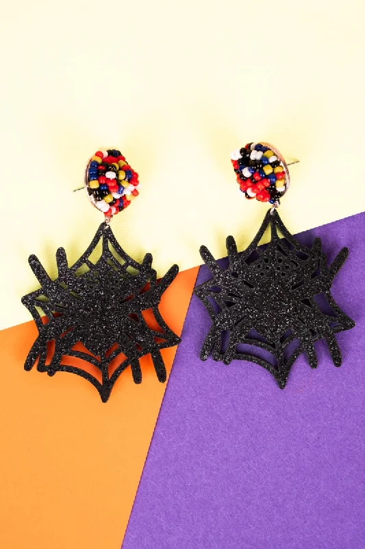 Drop Earrings for Festival Style -SALE! Glittery Black Spider Web Earrings