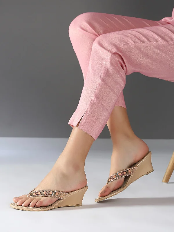 Elegant sandals for women with rhinestone accents and ankle straps for formal looks-Women Rose Gold Embellished Ethnic Open Toe Wedge Heels