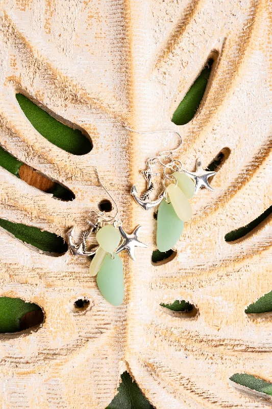 Floral Drop Earrings with Petals -SALE! Silvertone Green Sea Glass Beach Anchor Earrings