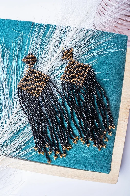 Drop Earrings for Formal Attire -SALE! Golden Meadow Black Fringe Earrings