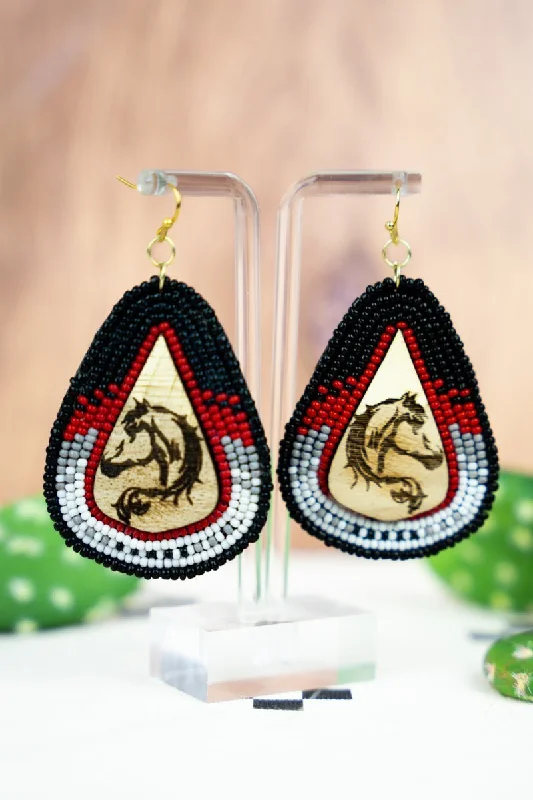 Drop Earrings with Knot Designs -SALE! Horseshoe Bend Wood and Black Multi Seed Bead Teardrop Earrings