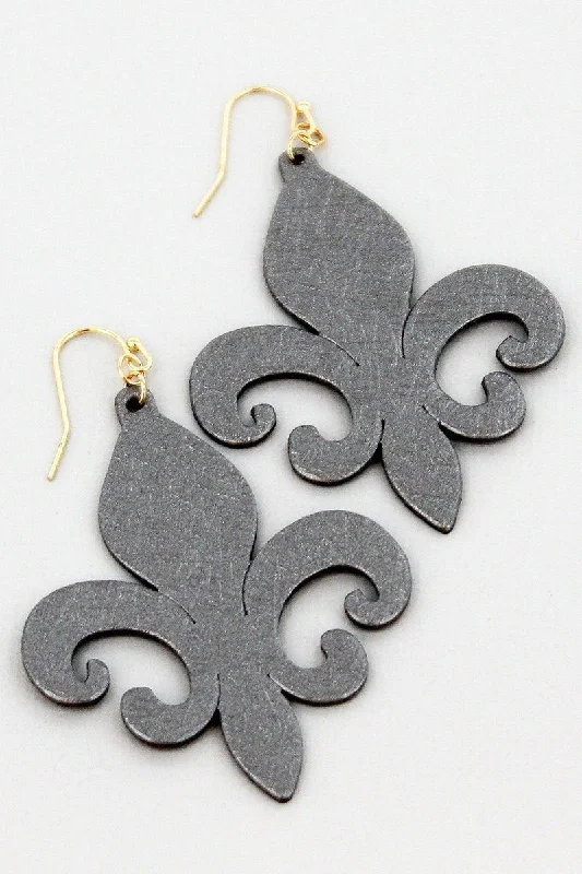 Drop Earrings with Matte Finish -SALE! Hematite Faux Textured Leather Fleur de Lis Earrings