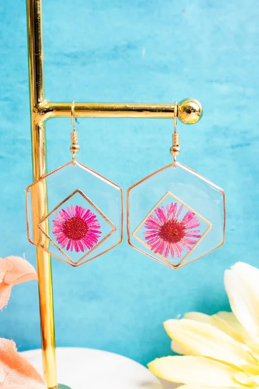 Drop Earrings with Debossed Designs -Crystal Avenue Pink Daisy Delight Pressed Flower Earrings