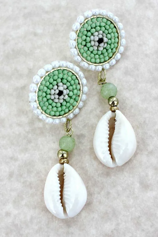 Drop Earrings with Textured Surface -SALE! Mint Seed Bead Cowrie Shell Drop Earrings