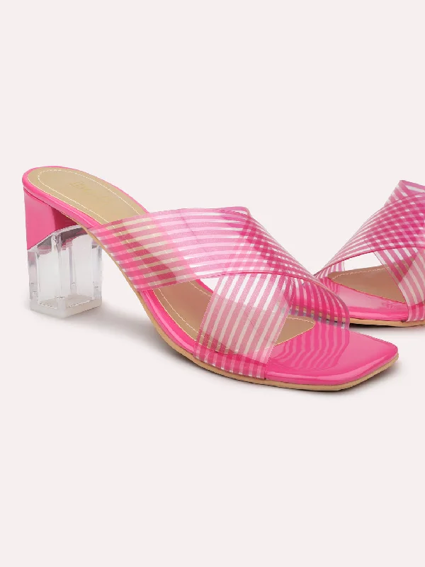 Casual sandals for women with flat soles and comfortable fit for everyday wear-Women Rani Pink Transparent & Pink-Toned Striped Block Heels