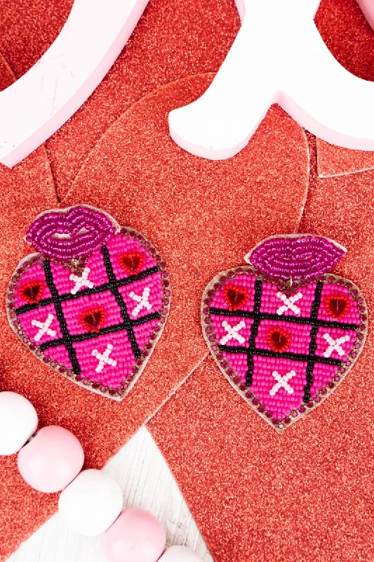 Drop Earrings with Filigree Work -Viola Fuchsia Love Tic-Tac-Toe Heart Seed Bead Earrings