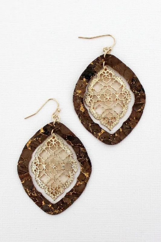 Magnetic Closure Drop Earrings for Easy -SALE! Brown Cork and Goldtone Moroccan Filigree Earrings