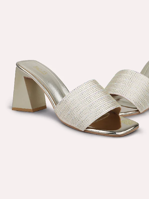 Casual sandals for women with bohemian-style straps and flat sole for comfort-Women Gold Embellished Party Block Heels