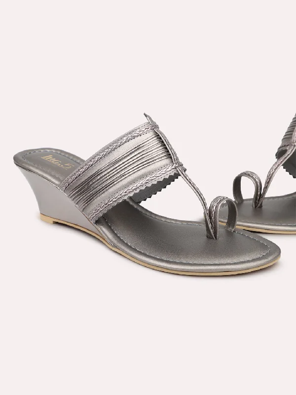 Comfortable sandals for women with foam footbed and velcro closure for ease-Women Pewter Embellished Wedges Heels