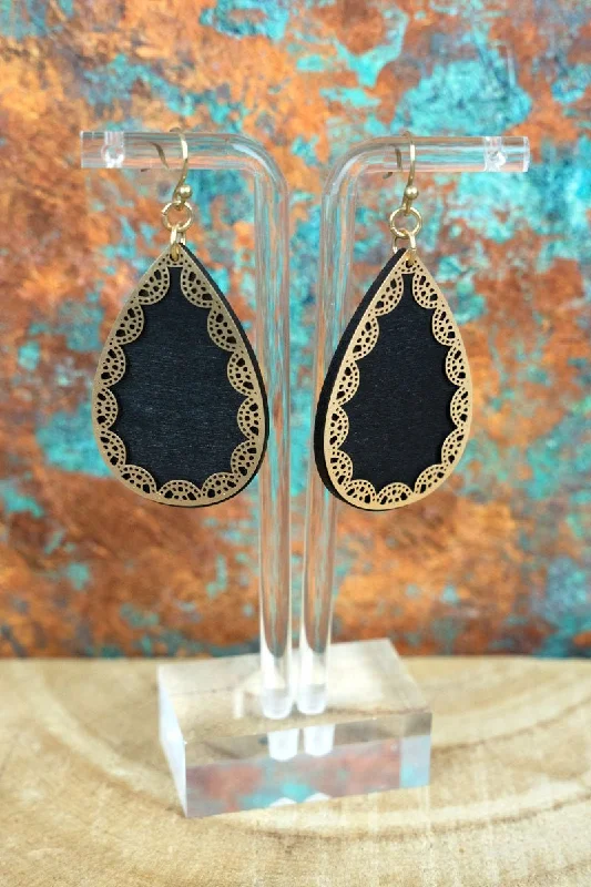 Drop Earrings with Keyhole Designs -SALE! Black Wood and Goldtone Layered Earrings