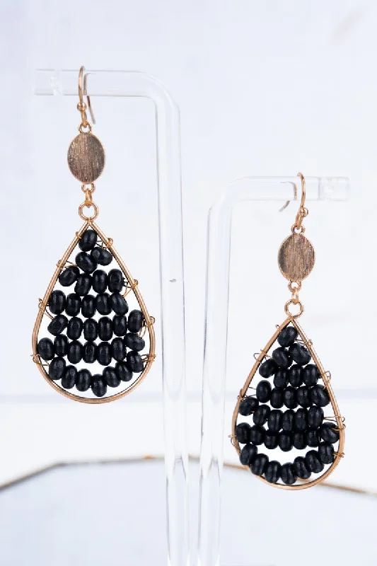 Drop Earrings with Star Motifs -SALE! Black Whitecoast Wooden Bead Teardrop Earrings