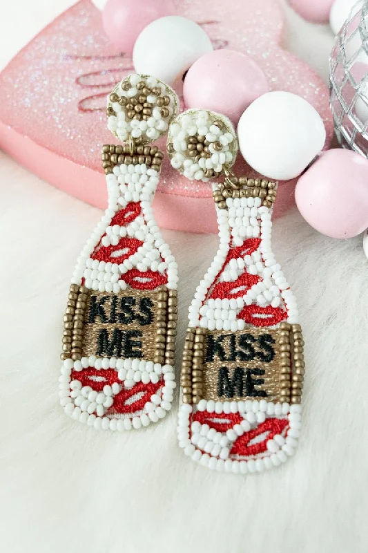 Oval Drop Earrings for Grace -Viola White 'Kiss Me' Bottle Seed Bead Earrings