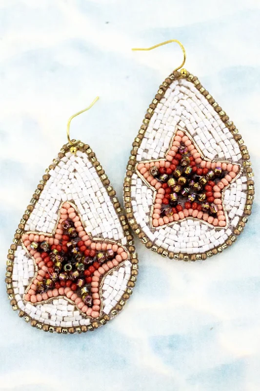 Rhinestone Drop Earrings for Sparkle -SALE! Starfish White Tube Bead Teardrop Earrings