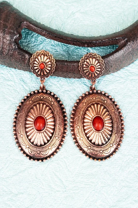 Drop Earrings with Etched Designs -Carolee Concho Burnt Orange and Coppertone Earrings