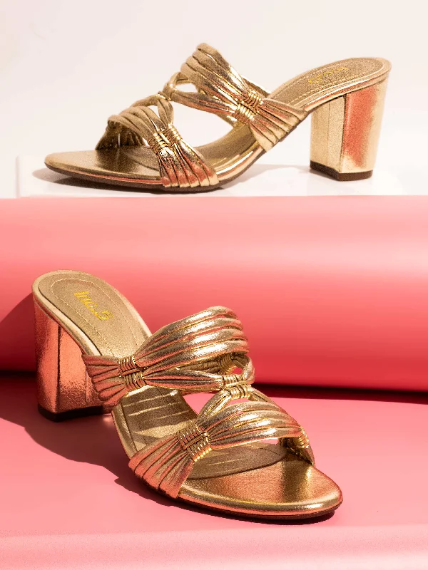 Trendy sandals for women with thong design and cushioned footbed for comfort-Women Gold Embellished Striped Open Toe  Block Heels