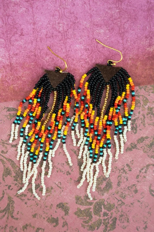 Punk Drop Earrings with Spikes -SALE! Falling Sky Black Multi Seed Bead Fringe Earrings