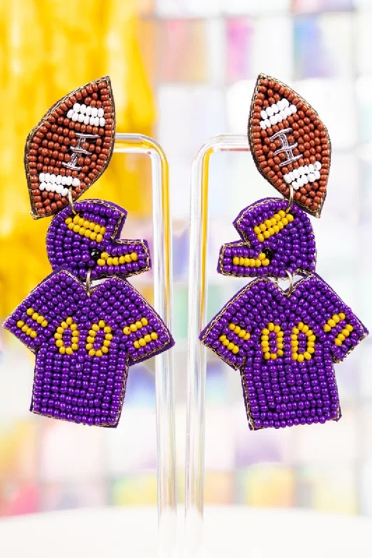 Nickel Free Drop Earrings for Safety -Purple and Yellow Gameday Ready Seed Bead Earrings