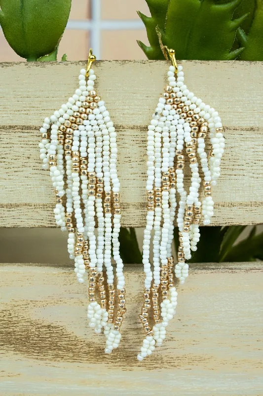 Beaded Drop Earrings for Party -SALE! Angel Trail Ivory Multi Seed Bead Fringe Earrings