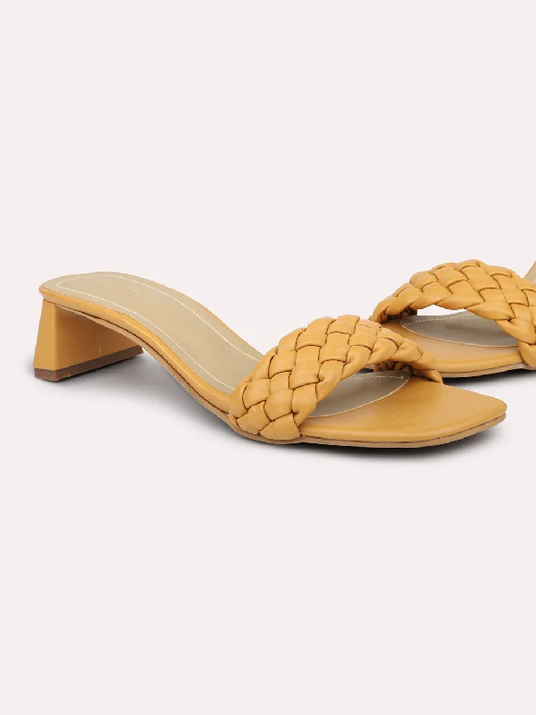 Casual sandals for women with cork footbed and supportive straps for comfort-Women Yellow Textured Block Heels