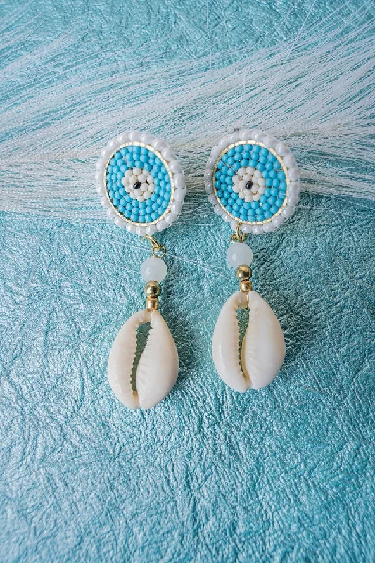 Drop Earrings for Engagement Party -SALE! Blue Seed Bead Cowrie Shell Drop Earrings