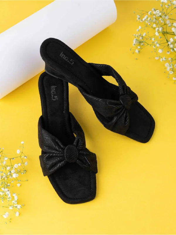 Comfortable sandals for men with slip-on style and supportive footbed for all-day wear-Womens Black Ethnic Solid Wedge Heels