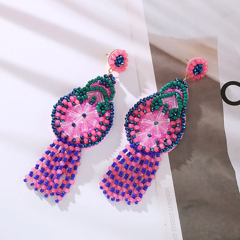 Drop Earrings for Beach Outfit -Wholesale Crystal Tassel Braided Long Rice Bead Earrings