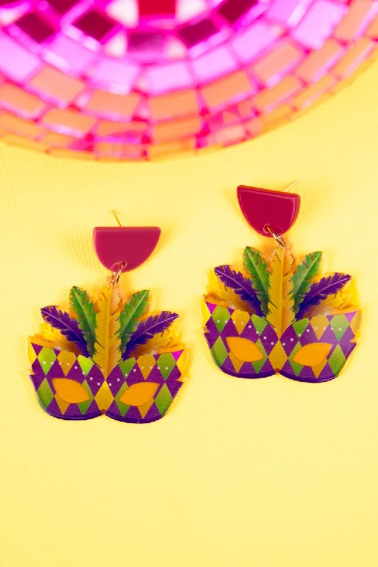 Adjustable Drop Earrings for Custom Fit -Mardi Gras Festival Mask Acrylic Earrings