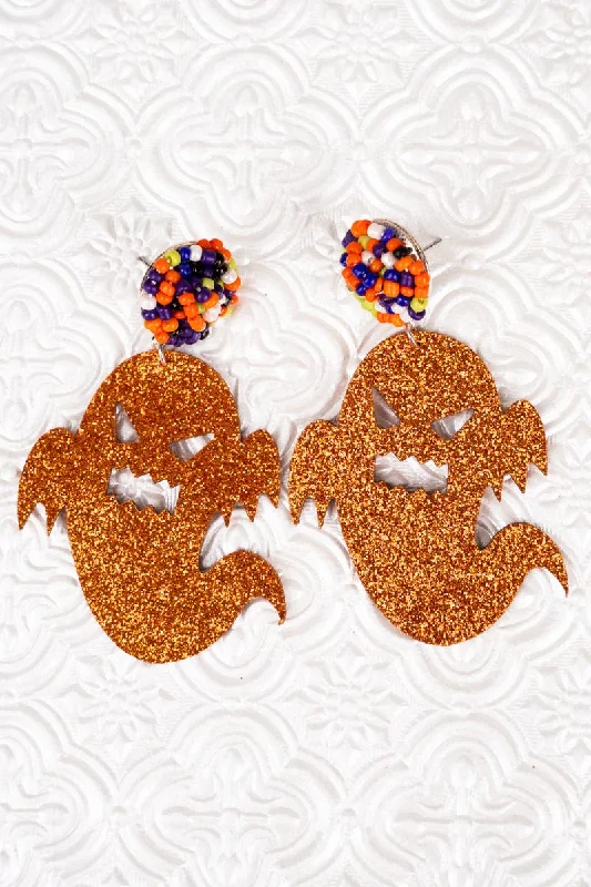 Push Back Drop Earrings for Convenience -SALE! Glittery Orange Ghost Earrings