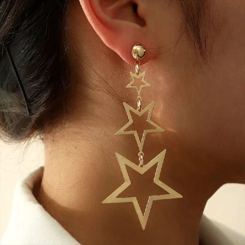 Drop Earrings with Embossed Patterns -Wholesale of Multi-layer Pentagram Metal Earrings