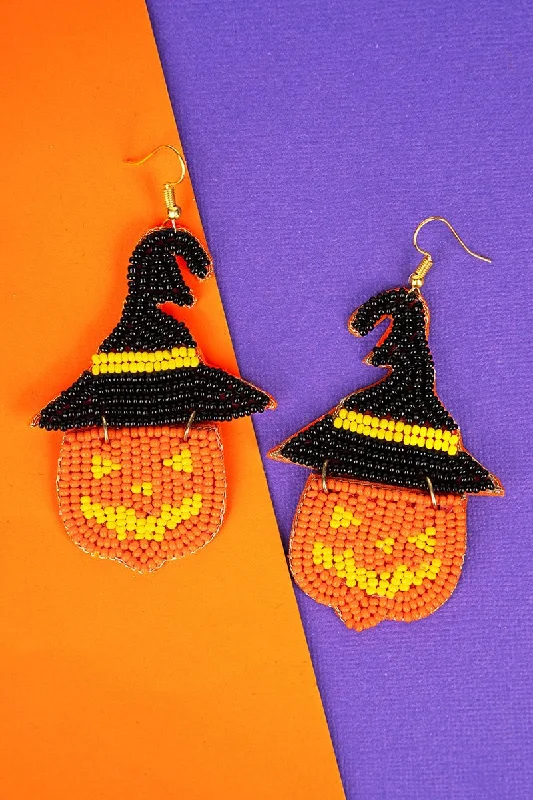 Drop Earrings with Vine Designs -SALE! Halloween Magic Jack-O'-Lantern Seed Bead Earrings