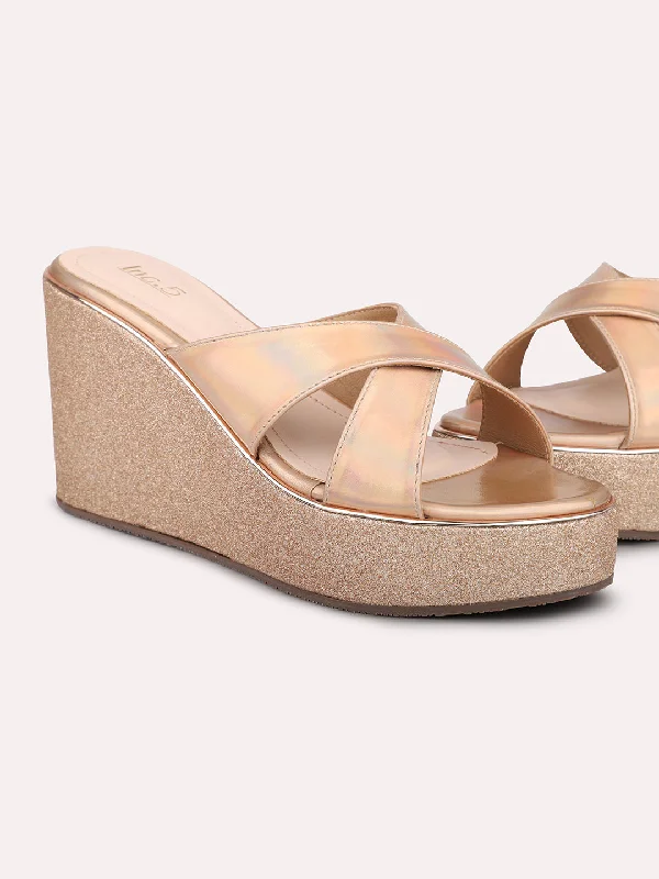 Comfortable sandals for women with arch support and memory foam insoles-Women Rose Gold-Toned Shimmery Cross Strap Wedge Heels