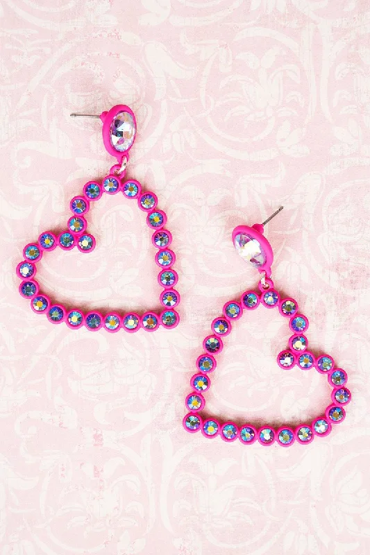 Drop Earrings for Concert Look -Iridescent Pink Crystal Heart Earrings