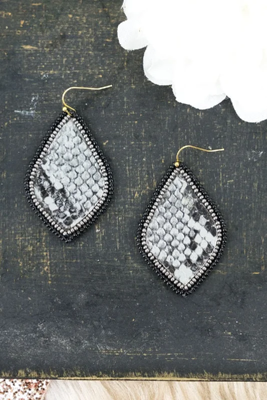 Drop Earrings for Casual Outfit -SALE! Black and Silver Snakeskin Seed Bead Teardrop Earrings