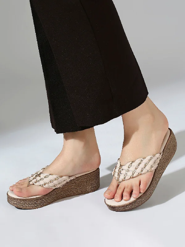 Comfortable sandals for women with elastic straps and lightweight construction for ease-Women Beige And Gold-Toned Textured Open Toe Wedge Heels