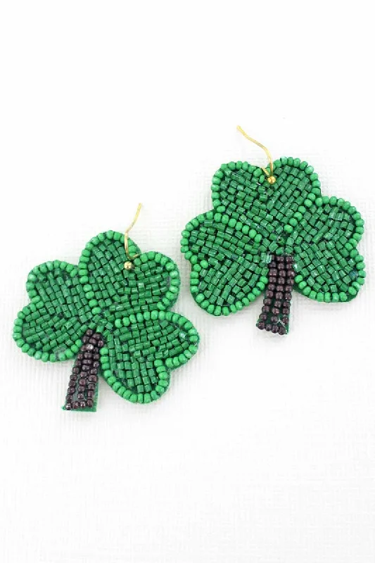 Ethnic Drop Earrings with Tribal Design -St. Patrick's Day Seed Bead Shamrock Earrings