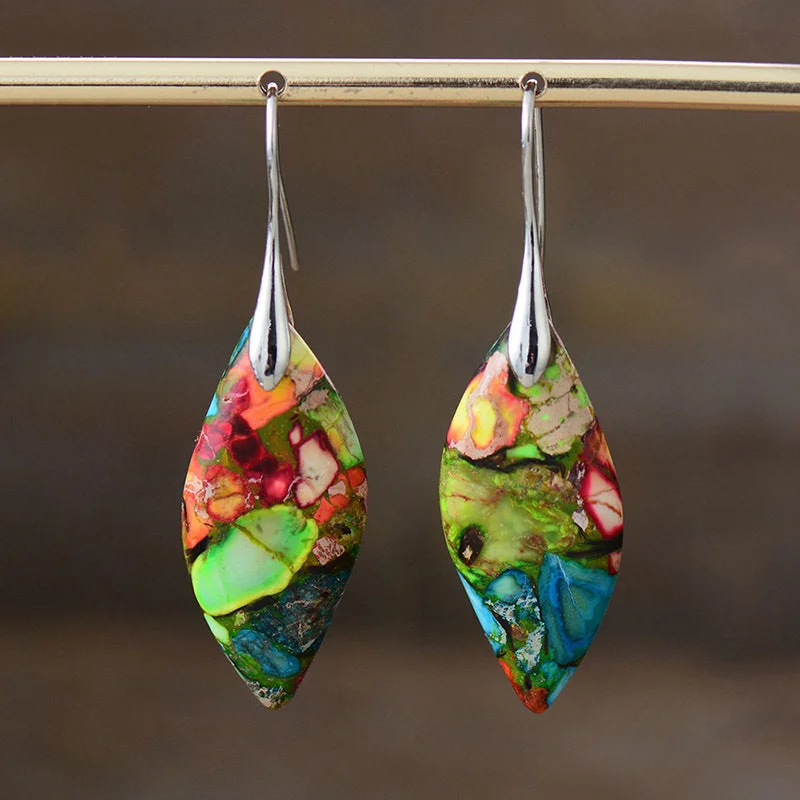 Screw Back Drop Earrings for Security -Wholesale Bohemian Imperial Stone Leaf Earrings