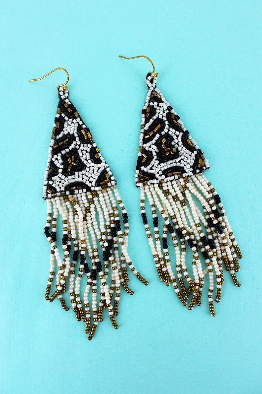 Drop Earrings for Festival Style -SALE! Ivory Leopard Seed Bead Triangle Fringe Earrings