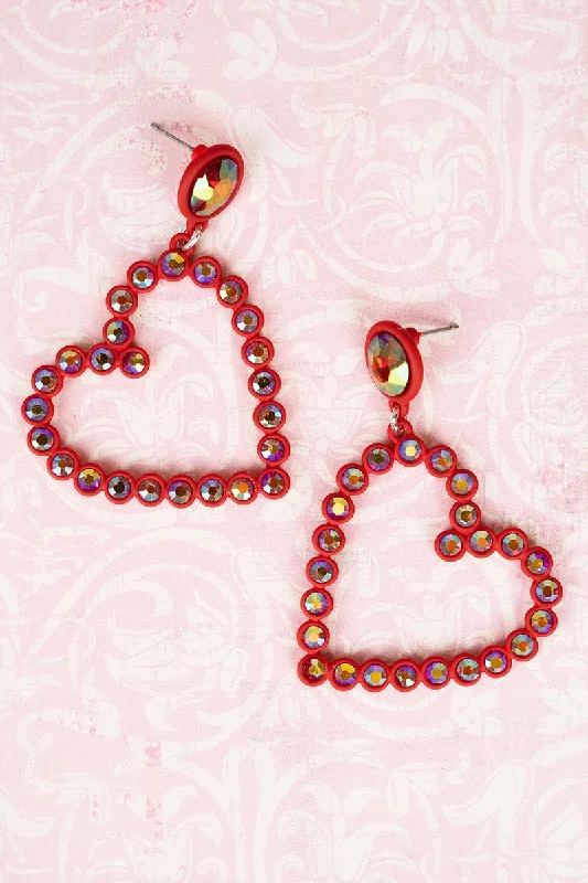 Drop Earrings for Festival Style -Iridescent Red Crystal Heart Earrings