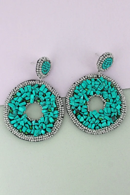 African Drop Earrings with Culture -SALE! Turquoise & Silver Chip Stone and Seed Bead Circle Earrings