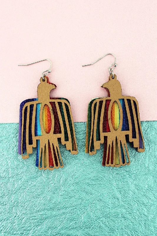 Drop Earrings for Birthday Celebration -SALE! Layered Brown and Serape Faux Leather Thunderbird Earrings