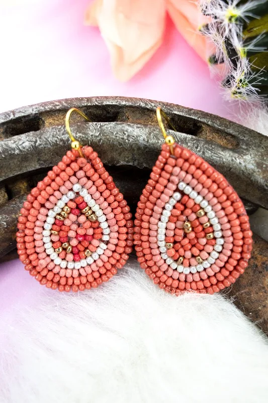 Drop Earrings with Hammered Finish -SALE! Raina Coral Seed Bead Teardrop Earrings