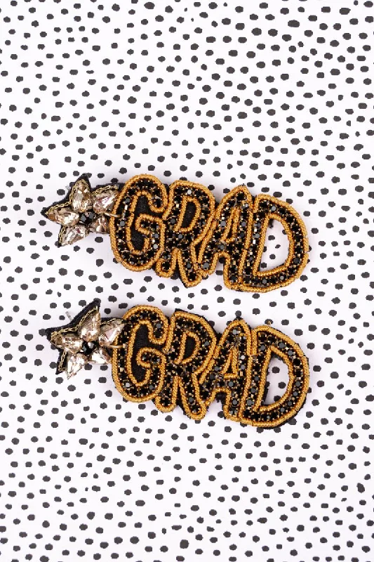 Leverback Drop Earrings for Comfort -Viola Black Crystal and Gold 'GRAD' Earrings