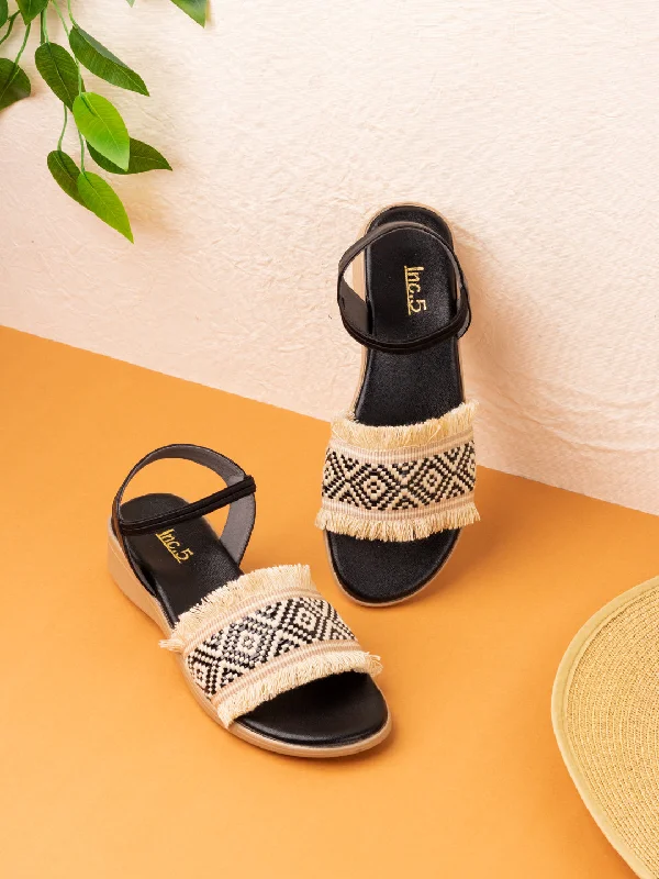 Beach sandals for women with flip-flop style and waterproof construction for comfort-Womens Black Printed Round Toe Party Wear Wedge Heels Sandals