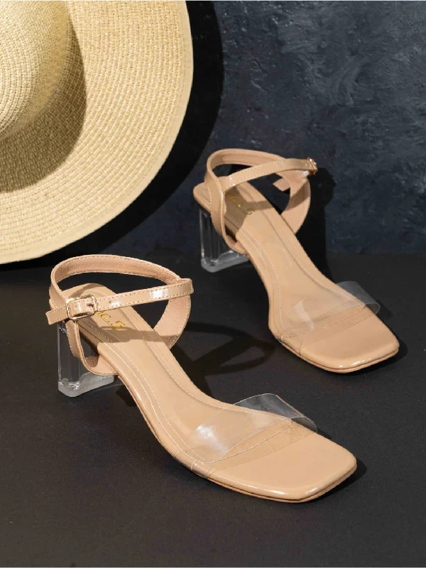 Stylish sandals for women with thick straps and chic buckle details for casual outfits-Womens Tan Party Wear Transparent Square Heels