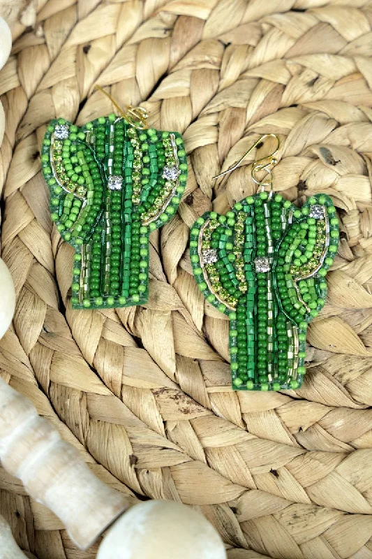 Drop Earrings for Everyday Glamour -SALE! Green Crystal and Seed Bead Cactus Earrings