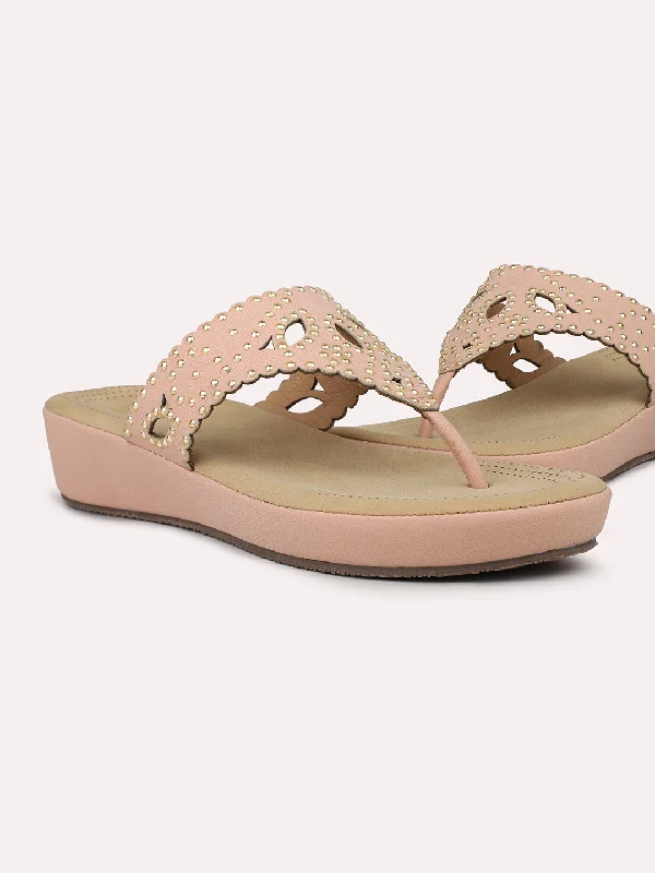 Casual sandals for women with bohemian-style straps and flat sole for comfort-Women Peach Comfort Heels With Laser Cuts