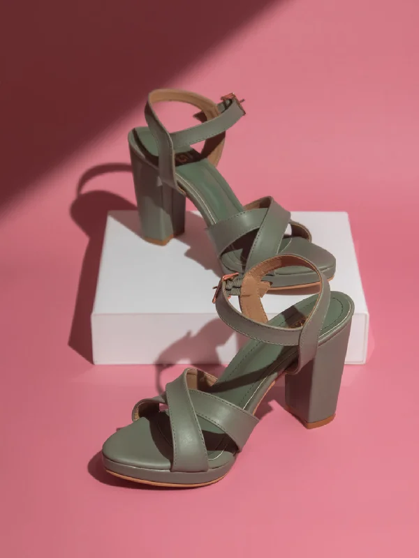 Comfortable sandals for women with cross-over straps and padded footbed for support-Women Green Open Toe Party Block Heels